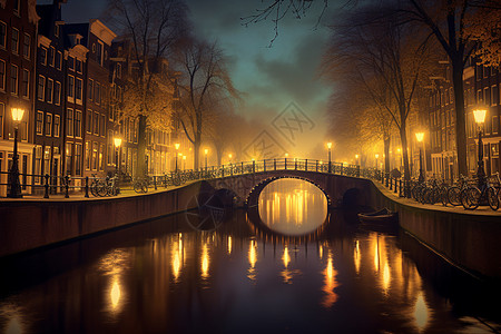 公园夜景夜幕下的阿姆斯特丹运河背景