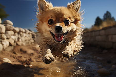 活泼小狗嬉戏在水坑边图片