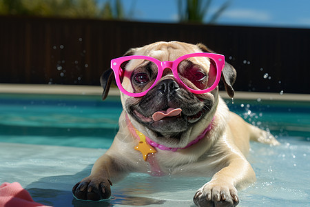 可爱的狗狗在泳池游泳图片