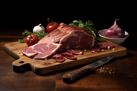 香煎猪肉与蔬果拼盘图片