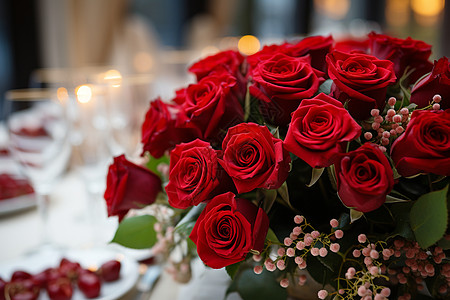 浪漫玫瑰花摆在宴会桌上图片