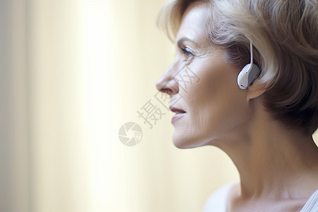 戴耳机望向室外的女性。图片