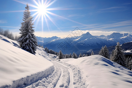 阳光照耀下的白雪山景背景