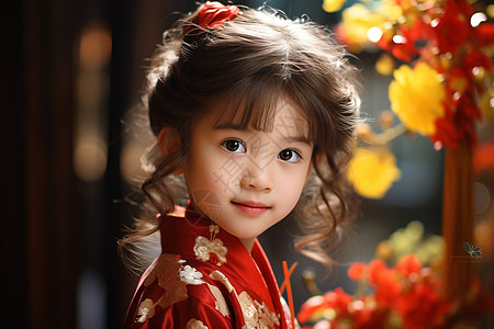 小女孩红衣立于花树前背景图片