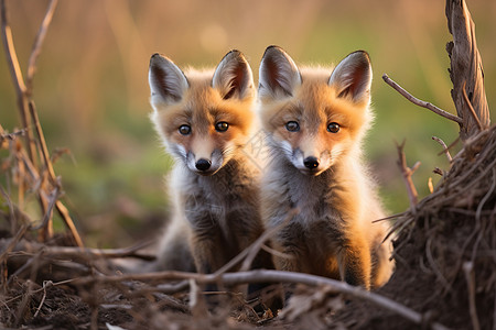 草堆里的两只狐狸图片