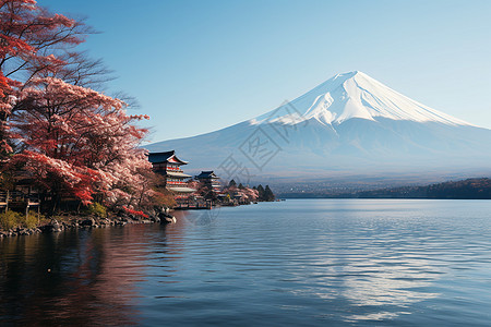 雪山和湖水图片