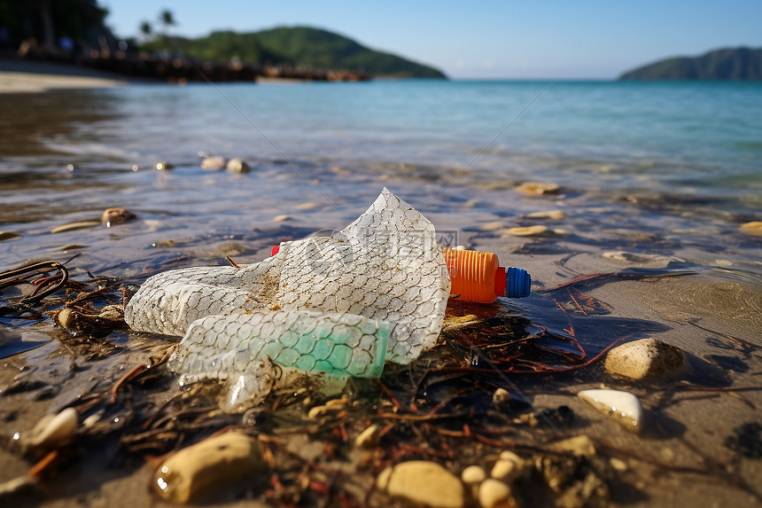 海滩上的塑料瓶和渔网图片