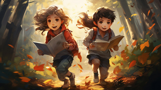 两个小学生在森林里学习图片