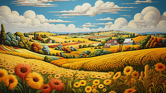 秋天金黄色的农田图片