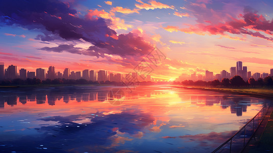 黄昏的天空城市的日落插画