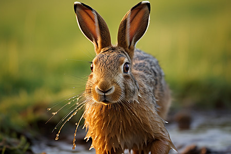 雨后草地上的野兔图片
