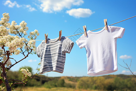 婴儿衣物清洗剂户外晾晒的儿童衣物背景