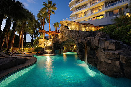 夜幕下豪华的酒店泳池图片