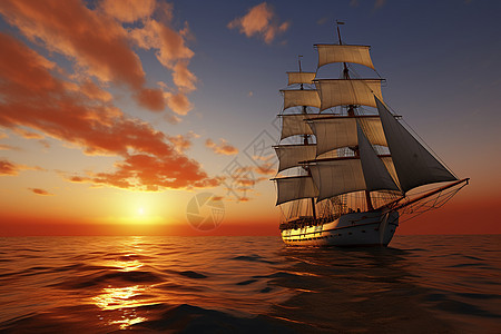 黄昏下海上航行的帆船图片