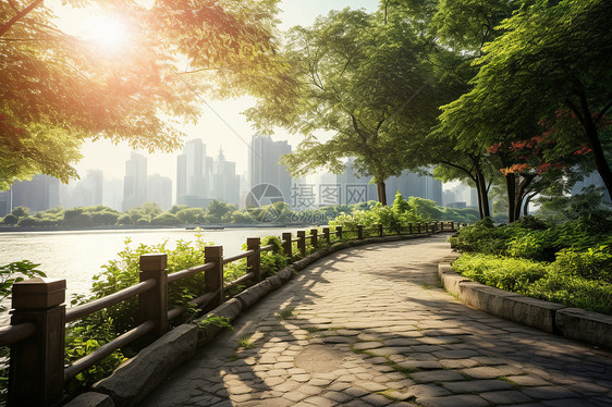 河道旁美丽的城市步道图片