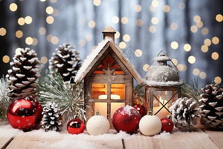 雪中的圣诞节木屋装饰背景图片
