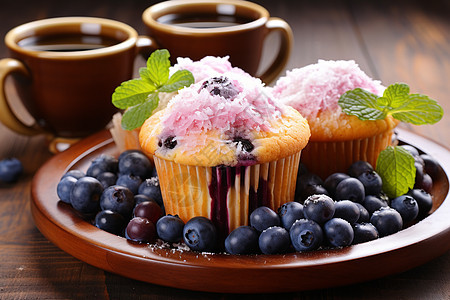 美味的蓝莓蛋糕和咖啡图片