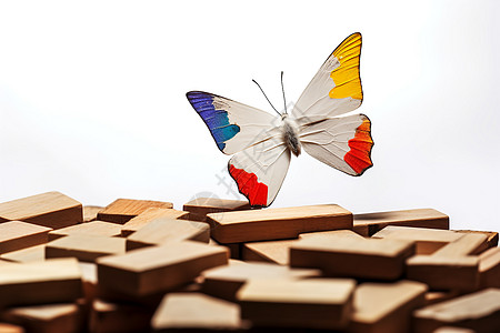 创意木块上的水彩蝴蝶图片