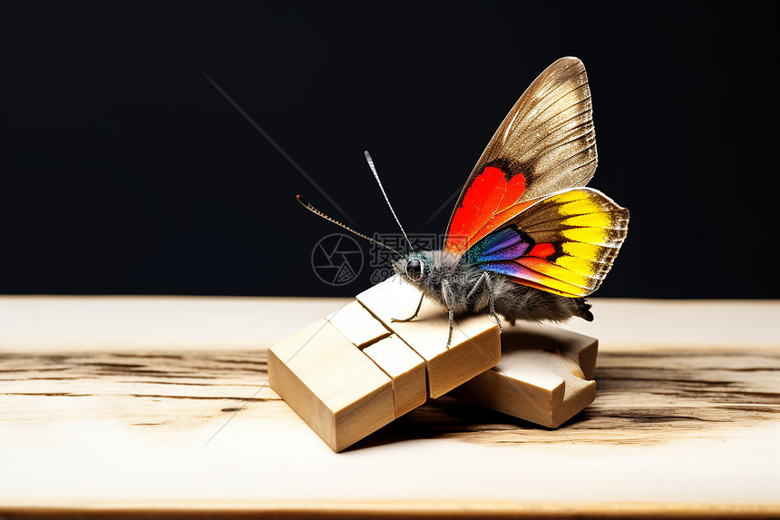 木块上色彩斑斓的蝴蝶图片