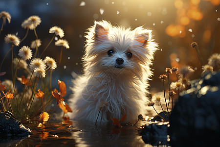 白色小狗沐浴阳光图片