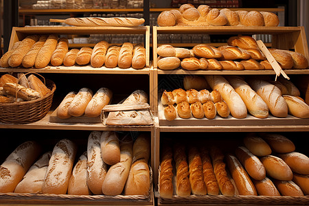 新鲜面包陈列在面包店里图片