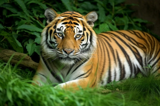 老虎躺在草地上图片