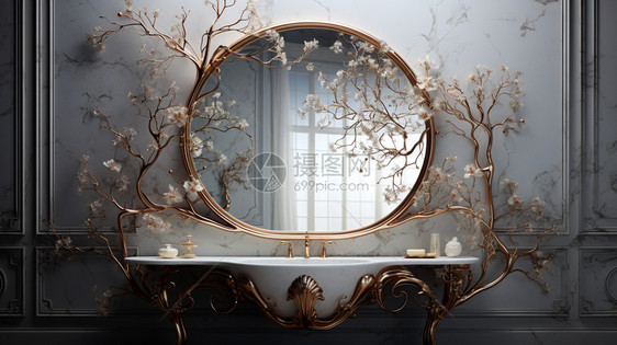花枝装饰的浴室镜图片