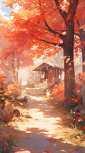 秋天红叶下的小路图片