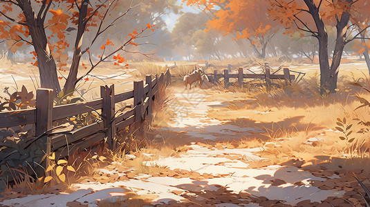 秋天土路上的篱笆图片
