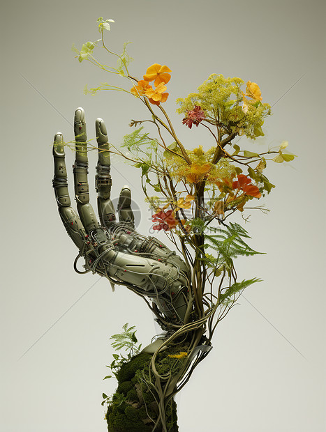 机械手臂上的生态植物图片
