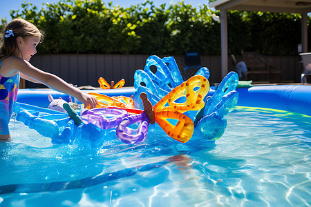 泳池中漂浮的蝴蝶玩具背景图片