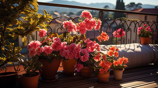 阳台上有很多盆栽花朵图片