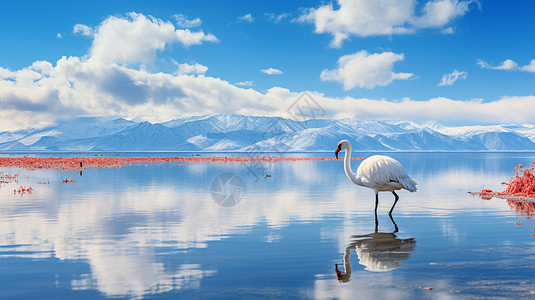 湖中有一只美丽的的丹顶鹤图片