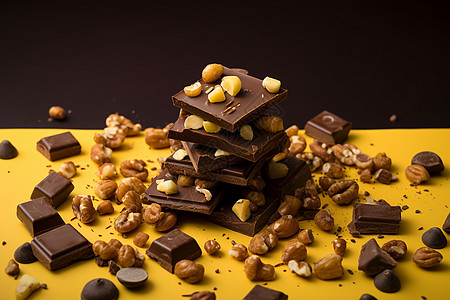 巧克力豆黄色桌子上的巧克力和坚果背景