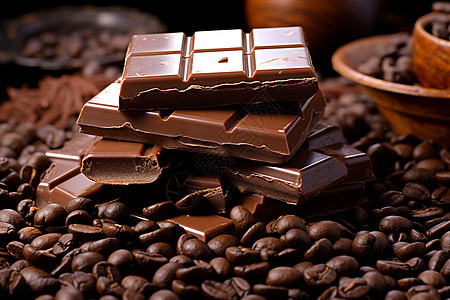 巧克力放在咖啡豆上图片