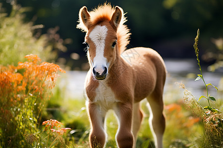 草地上站着的可爱小马背景图片