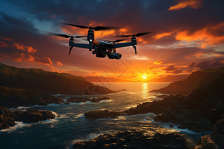 神秘风景夕阳下的无人机设计图片