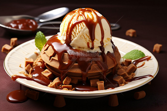 餐盘上的坚果巧克力冰淇淋图片