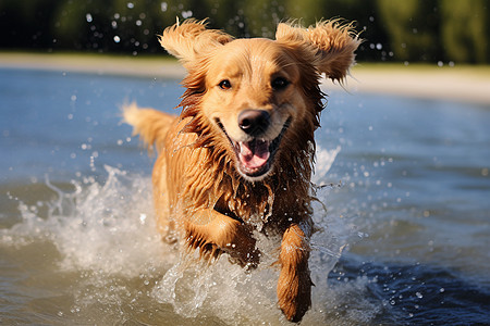 海边开心奔跑的金毛犬图片