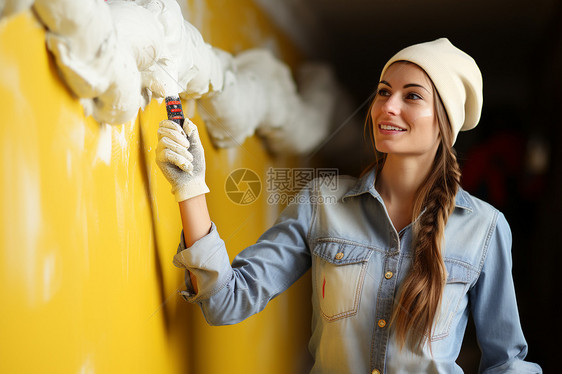 女工人在装修粉刷墙壁图片