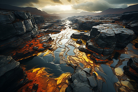 火山岩石河流的壮观景象图片