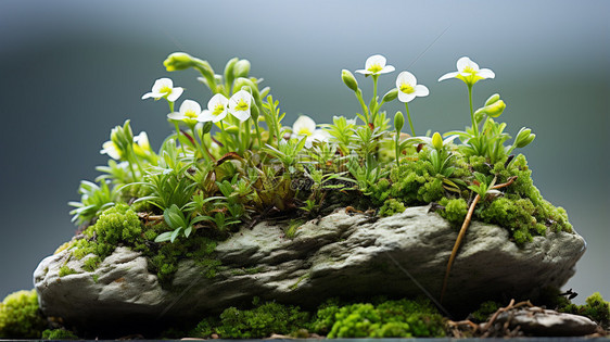 苔藓地上的小白花图片