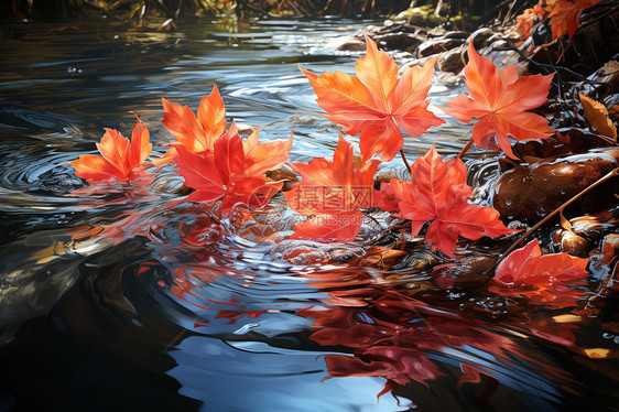 森林湖畔的枫叶图片