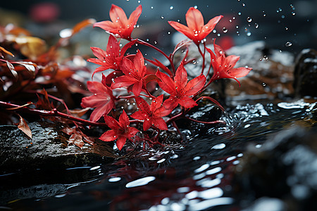 红叶漂浮水面的美丽景观图片