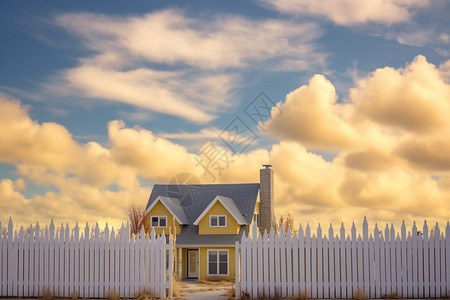 蓝天白云下的黄房子图片