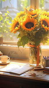 桌面上的向日葵和书本图片
