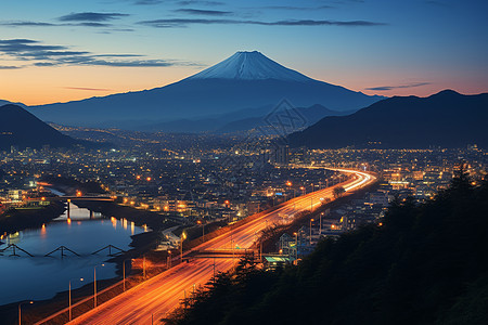 日本街道夜景日本富士山的夜景背景