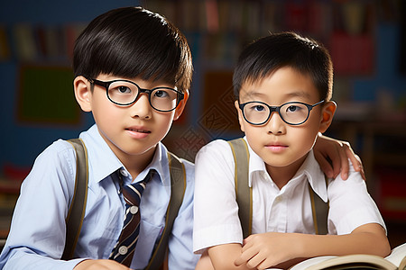 戴眼镜儿童正在教室学习的学生背景