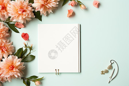 桌子上的花卉和日记本图片