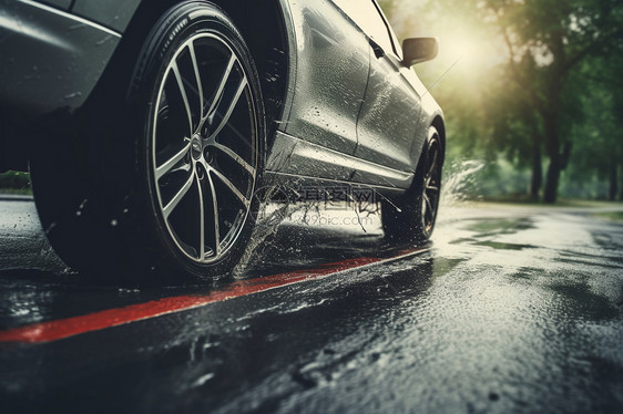 下雨道路上行驶的汽车图片